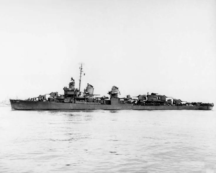 The U.S. Navy destroyer USS Jenkins (DD-447) off the Mare Island Naval Shipyard, California (USA), on 15 January 1944. She was in overhaul at the yard from 15 December 1943 until 18 January 1944.