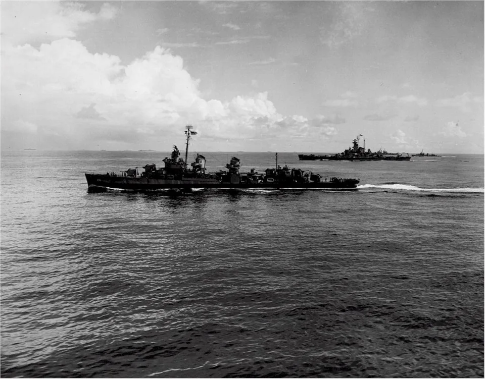 USS Ringgold (DD-500) and a South Dakota -class battleship, circa in July 1945, as seen from the deck of the aircraft carrier USS Lexington (CV-16). Ringgold was assigned to Task Group 38.1 in July-August 1945.