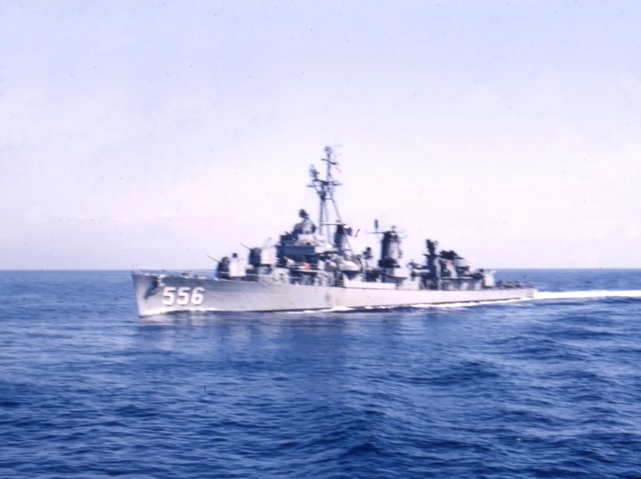 The U.S. Navy destroyer USS Hailey (DD-556) underway in the Mediterranean Sea, in 1957.