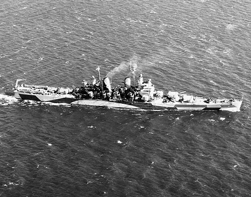 The U.S. Navy heavy cruiser USS Pittsburgh (CA-72) underway in November 1944. Her camouflage is Measure 33, Design 18D.