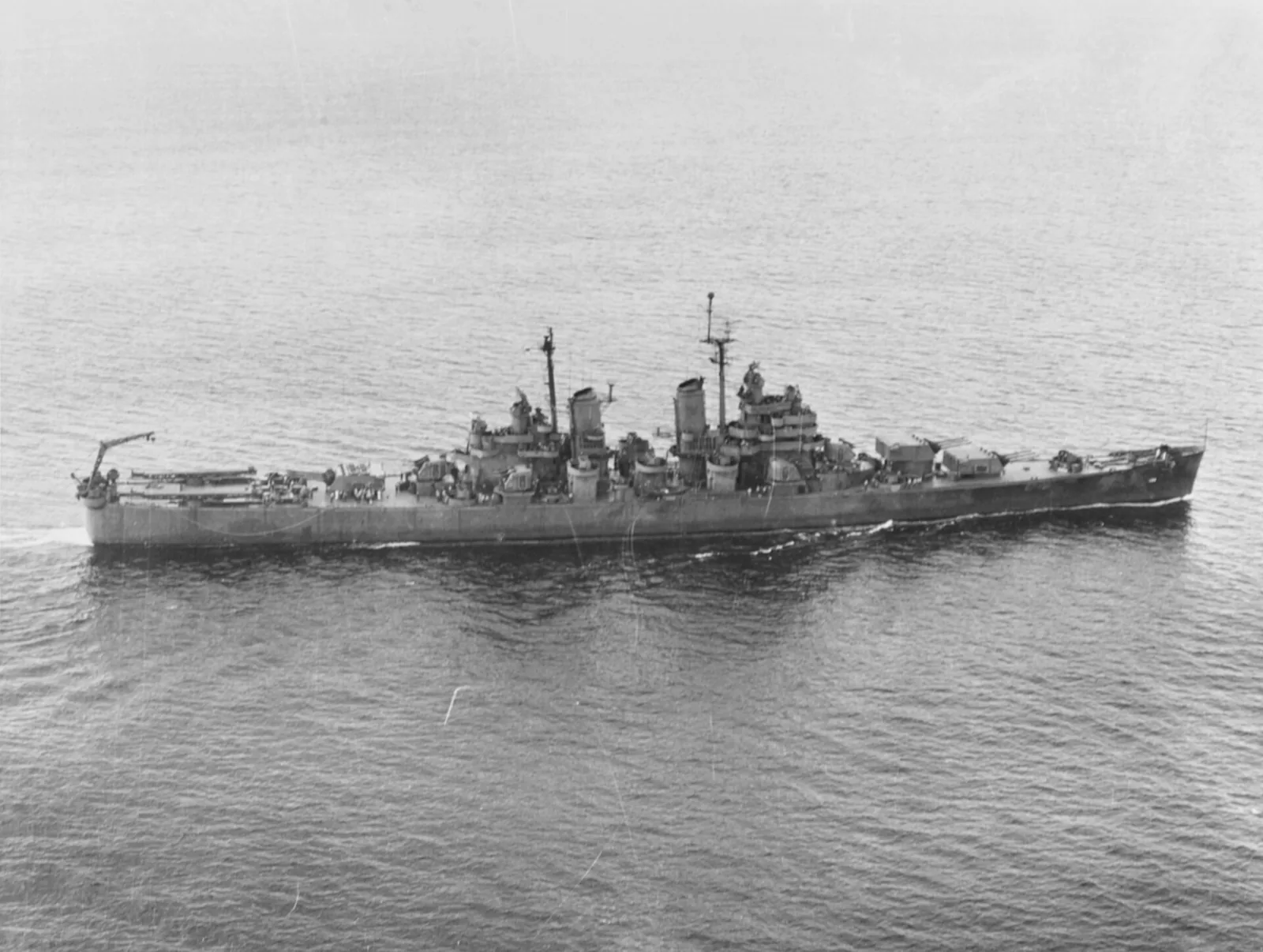 The U.S. Navy heavy cruiser USS Bremerton (CA-130) underway off Portland, Maine (USA), on 6 August 1945.