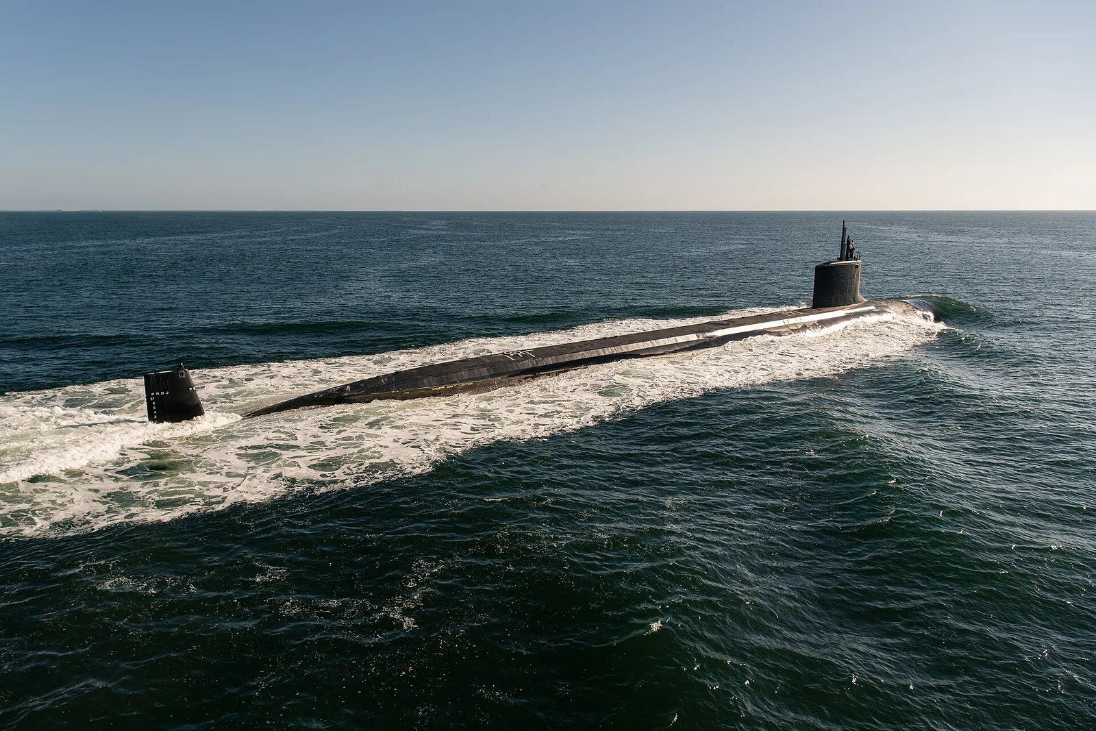 Massachusetts (SSN 798) participates in sea trials. The future Massachusetts is the 25th Virginia class submarine produced through the combined efforts of HII-Newport News Shipbuilding (NNS) and Ge...