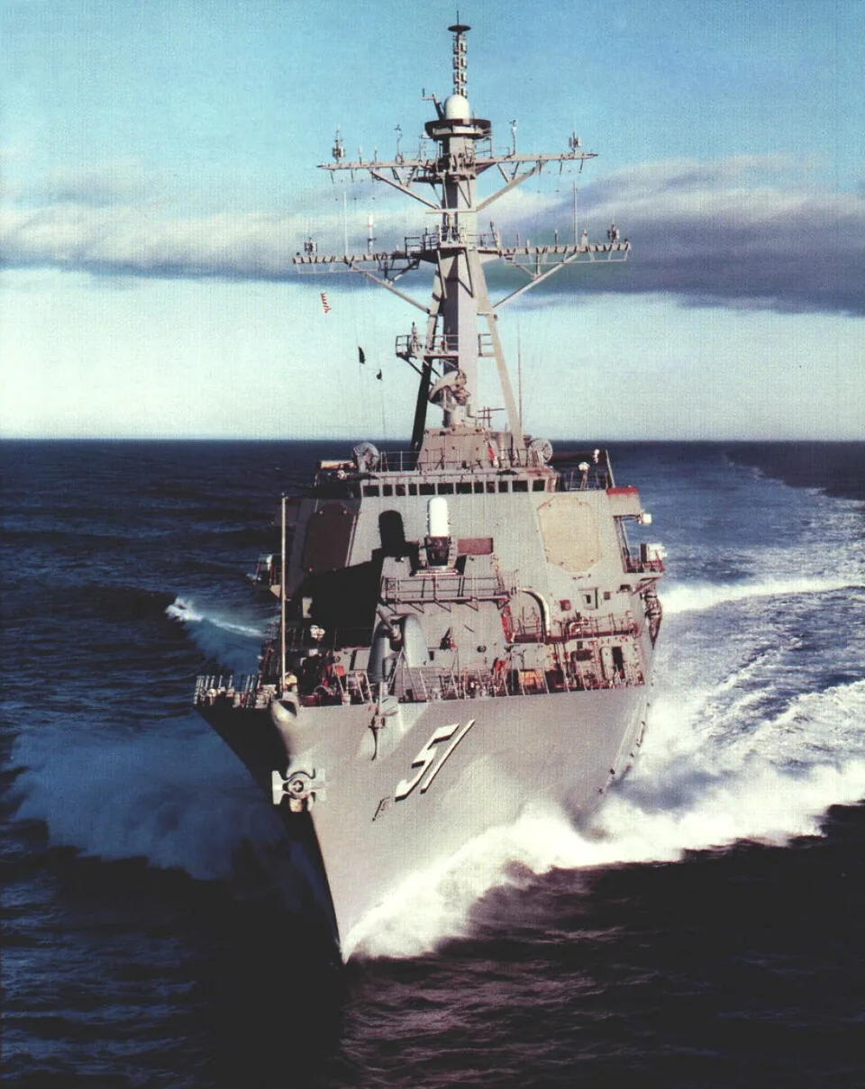 The U.S. Navy guided missile destroyer USS Arleigh Burke (DDG-51) underway during sea trials in 1991.