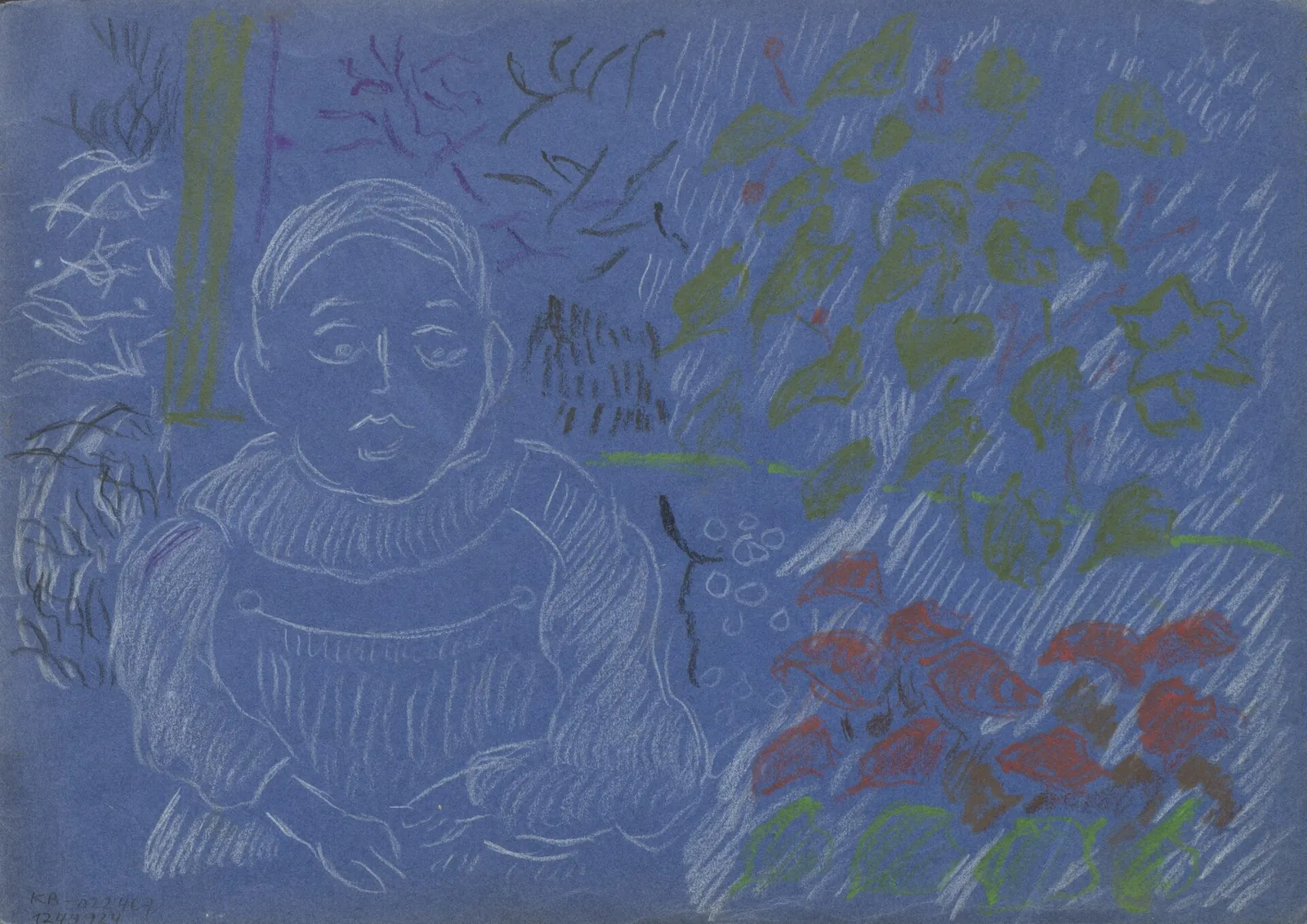 Heft mit blauem Umschlag, 11 Blätter; beidseitig bemalt (vorwiegend Figuren, Früchte und Blumen)