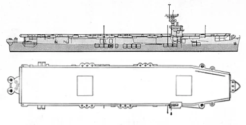 Side and deck drawings of a U.S. Navy Sangamon -class escort carrier.