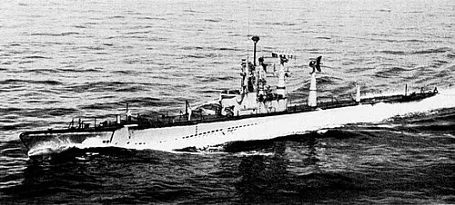 The U.S. Navy radar picket submarine USS Burrfish (SSR-312) underway in 1954.