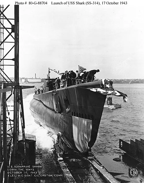 (copyright expired, official US Navy photo) USS Shark being launched at en:Electric Boat Company