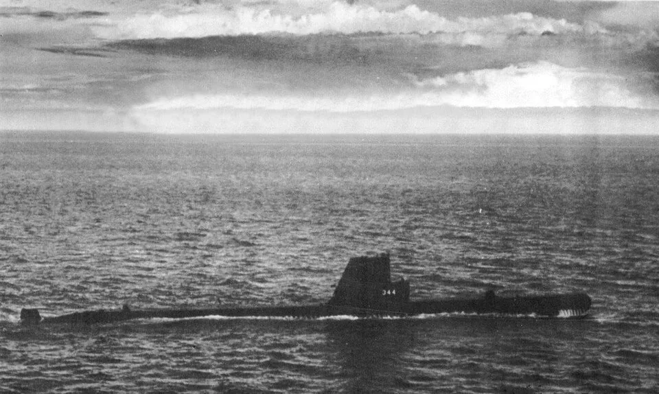 The U.S. Navy submarine USS Cobbler (SS-344) underway in the Atlantic Ocean in July 1959.