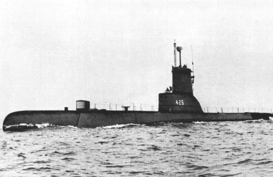 The U.S. Navy submarine USS Tusk (SS-426) underway after her GUPPY conversion, circa in the late 1940s.
