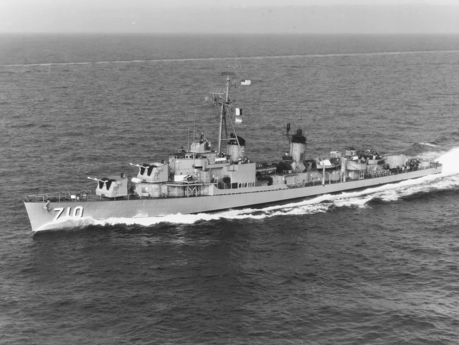 The U.S. Navy destroyer USS Gearing (DD-710) underway on 27 February 1960, while operating the Sixth Fleet in the Mediterranean Sea.