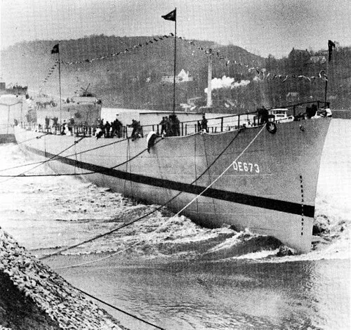 USS John P. Gray (DE-673) is launched by the Dravo Corporation at Pittsburgh, Pennsylvania (USA), on 18 March 1944. She was later completed as a high-speed transport and redesignated "APD-74".