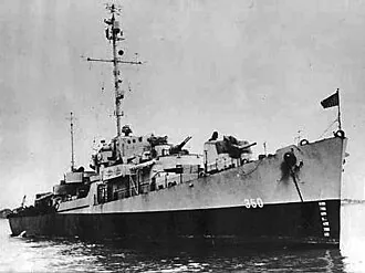 The U.S. Navy destroyer escort USS Traw (DE-350) at anchor, circa in 1945.
