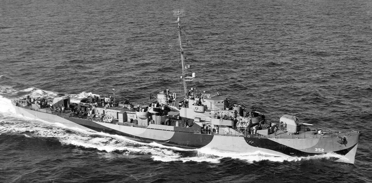 USS Naifeh (DE-352) underway in the Atlantic Ocean 100 miles southeast of Nantucket, 28 August 1944. The photo was taken by an airship from squadron ZP-11. Naifeh is painted in Camouflage Measure 31, Design 14D.