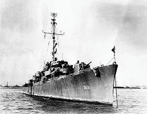 The U.S. Navy destroyer escort USS Pratt (DE-363) at anchor, circa in 1945.
