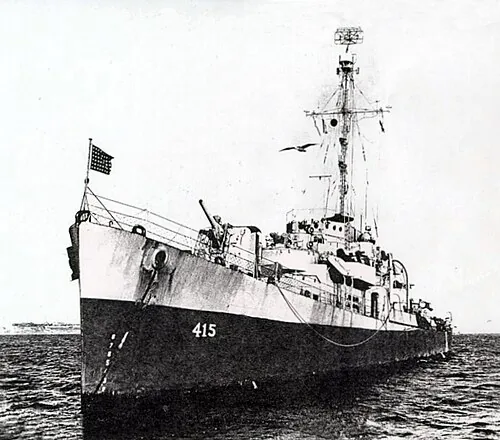 The U.S. Navy destroyer escort USS Lawrence C. Taylor (DE-415) at anchor, circa in 1945.