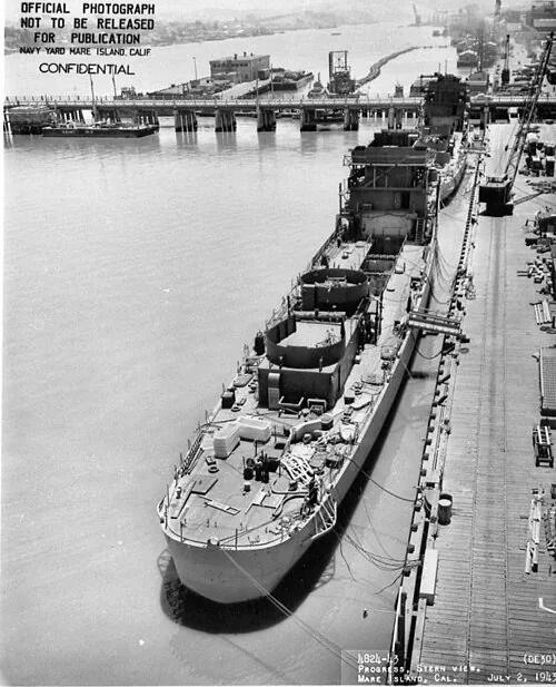 The U.S. Navy destroyer escort USS Martin (DE-30) at her outfitting berth at the Mare Island Naval Shipyard, Cailfornia (USA), on 2 July 1943. USS Stadtfeld (DE-29) is forward of Martin .