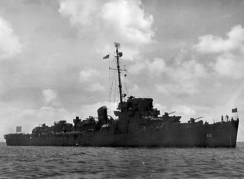 The U.S. Navy destroyer escort USS Wileman (DE-22) at anchor, circa in 1945.