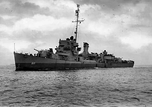 The U.S. Navy destroyer escort USS Coolbaugh (DE-217) underway, circa in 1945.