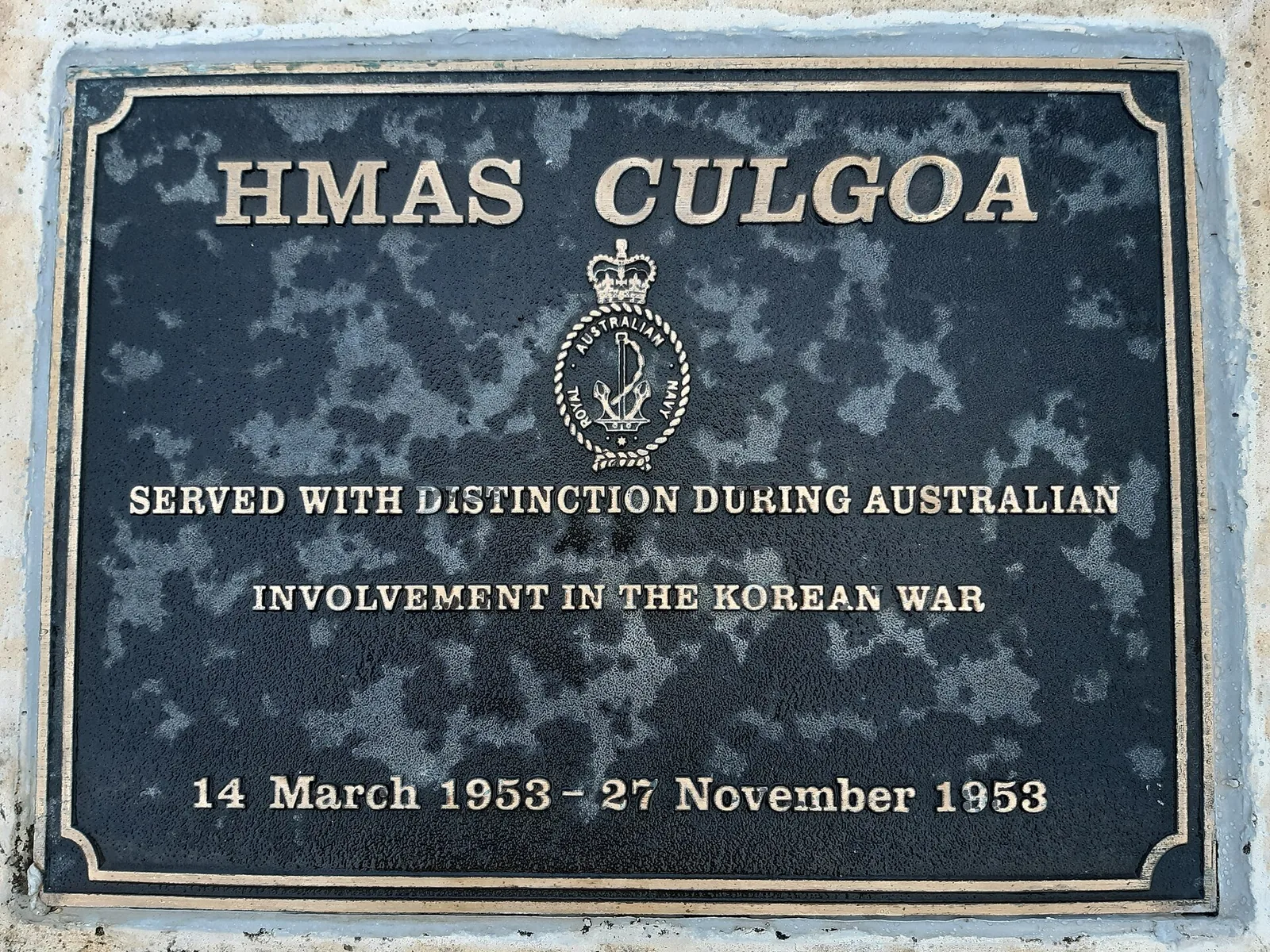 Rockingham Naval Memorial Park, Western Australia: Commemorative plaque for HMAS Culgoa (K408).