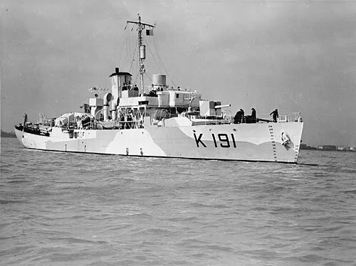 The Canadian Flower class corvette HMCS Mayflower (K191), date unknown.