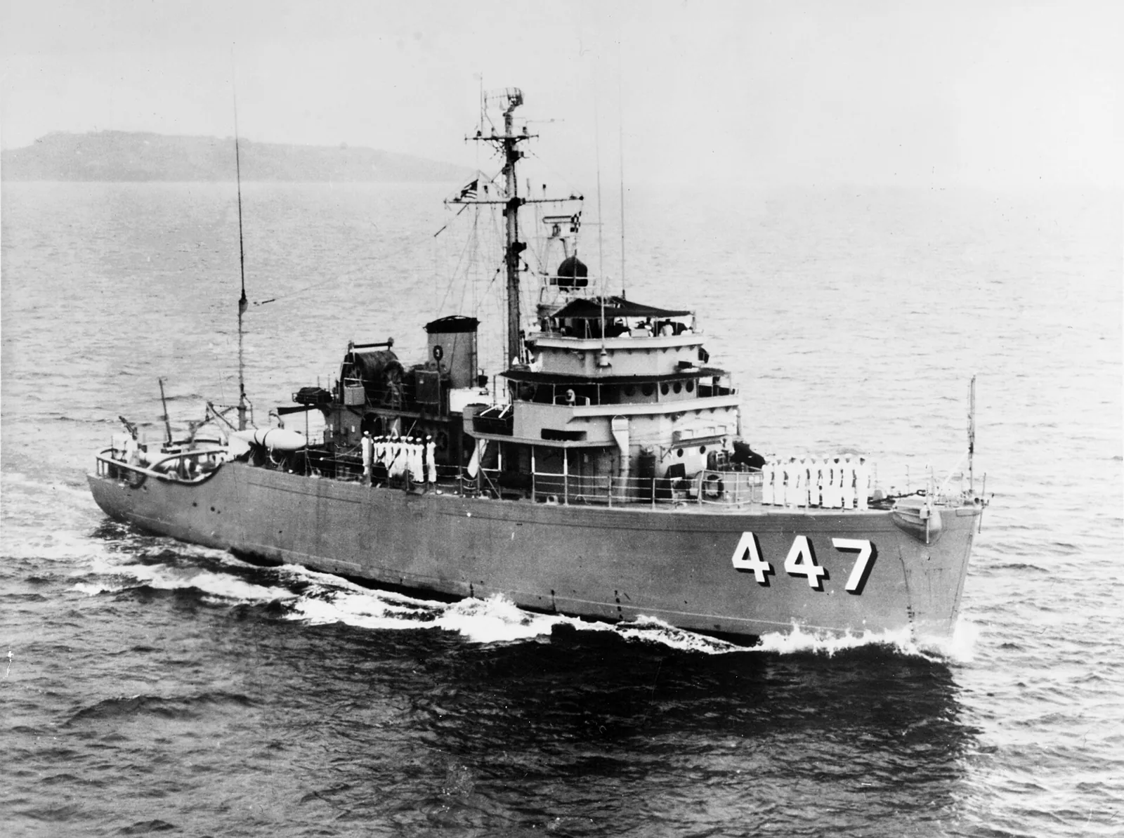 The U.S. Navy ocean minesweeper USS Guide (MSO-447) underway, circa in the 1960s.