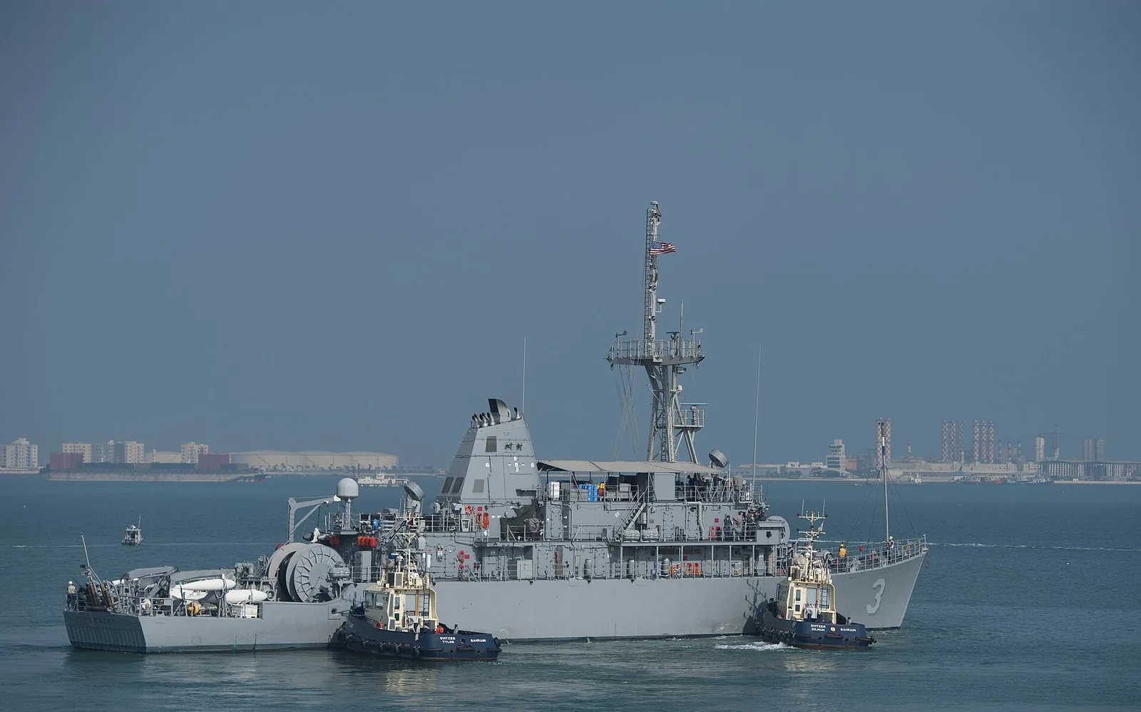 The U.S. Navy mine countermeasures ship USS Sentry (MCM-3) gets underway in Bahrain in November 2014.