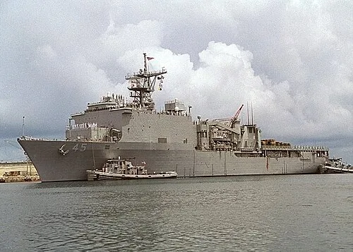 USS Comstock (LSD-45) in company with USS Peleliu (LHA 5), both part of San Diego based Amphibious Squadron One, pulled into Apra Harbor, Guam for a scheduled port visit, 19 September 1997.