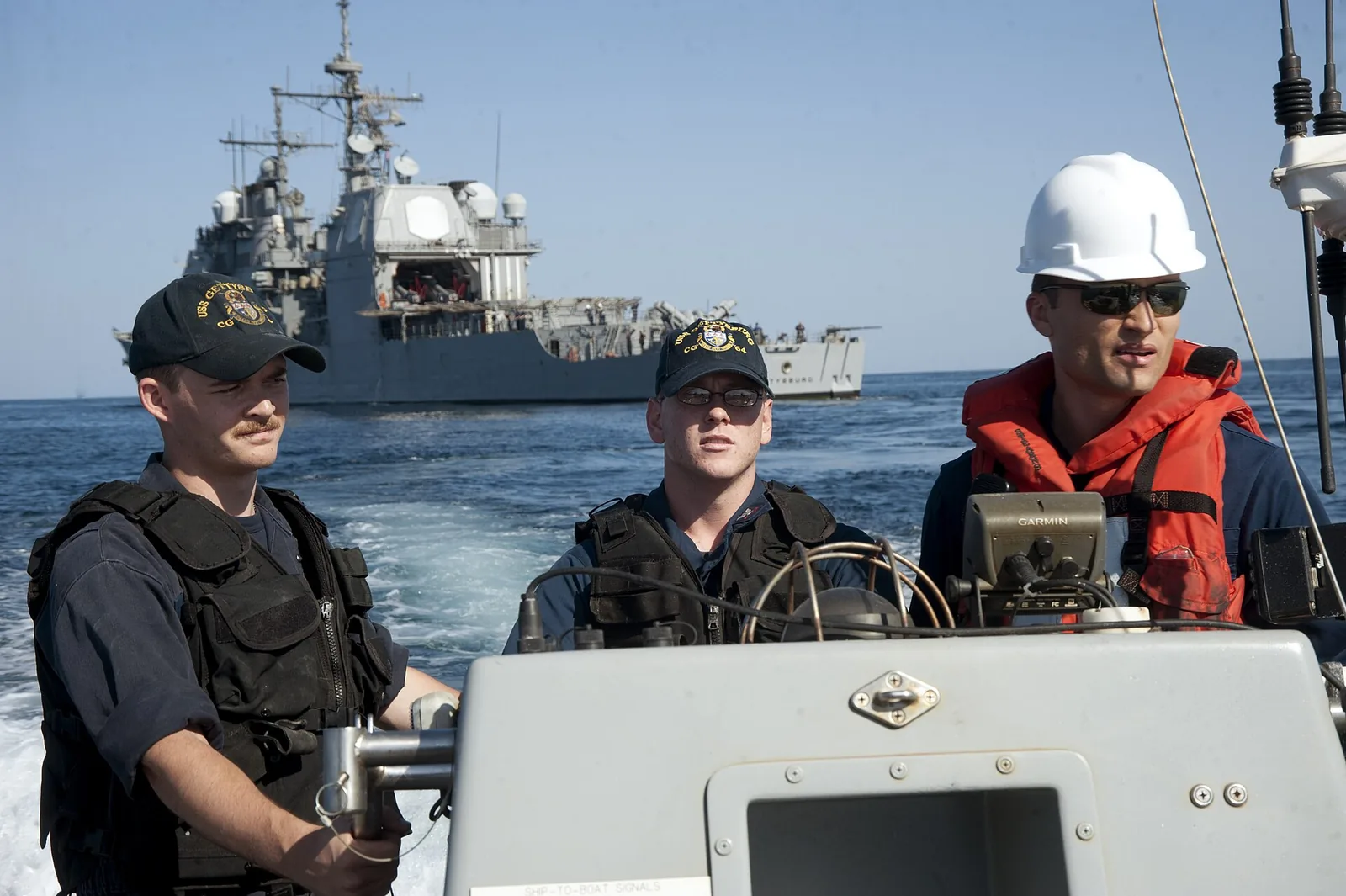 USS Gettysburg (CG 64), operate a rigid hull inflatable boat in the Gulf of Oman. Gettysburg is deployed as part of the Harry S. Truman Carrier Strike Group supporting maritime security operations a...