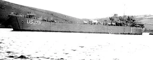 LST-279 at anchor off Weymouth, England, circa 1945. Official US Navy photo