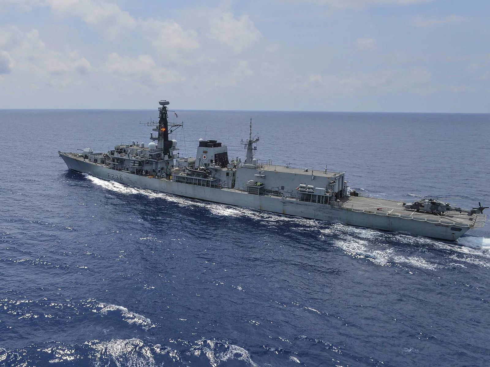 The Royal Navy Duke -class frigate HMS Montrose (F236) underway in the Gulf of Thailand on 18 February 2019.
