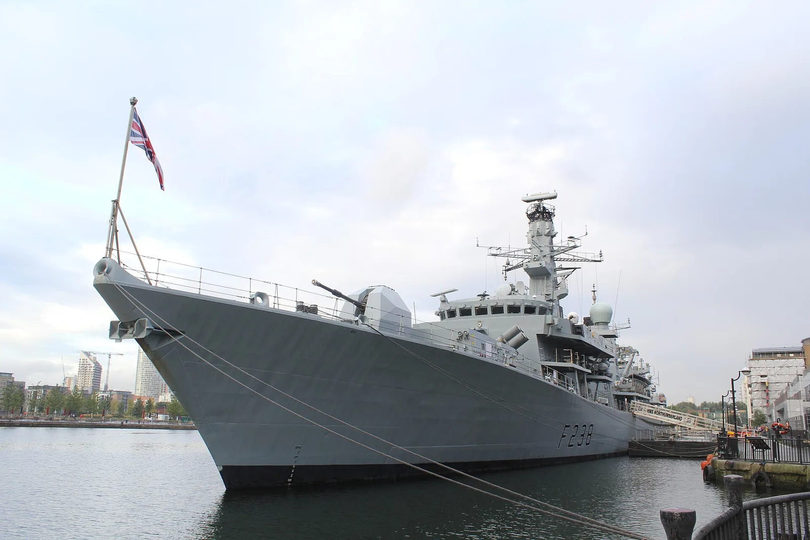 HMS Northumberland (F238) docked at West India South Dock.