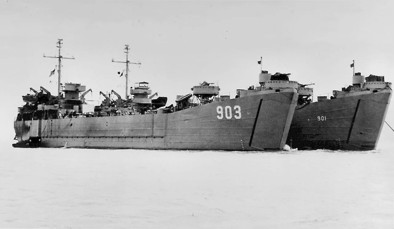 USS LST-903 and USS LST-901 at anchor, location unknown, circa 1945-46.