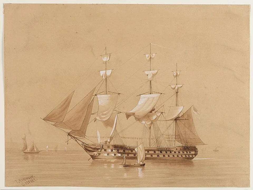 Port-broadside study of a 'Revenge'-class battleship (probably 'Revenge') The artist's inscription, lower right, suggest this sheet was first inscribed 'Royal Sovereign' later corrected to 'Royal Oak'.