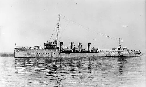 Photograph of British Marksman class flotilla leader destroyer HMS Abdiel , serving as a minelayer - note aft area screened with canvas.