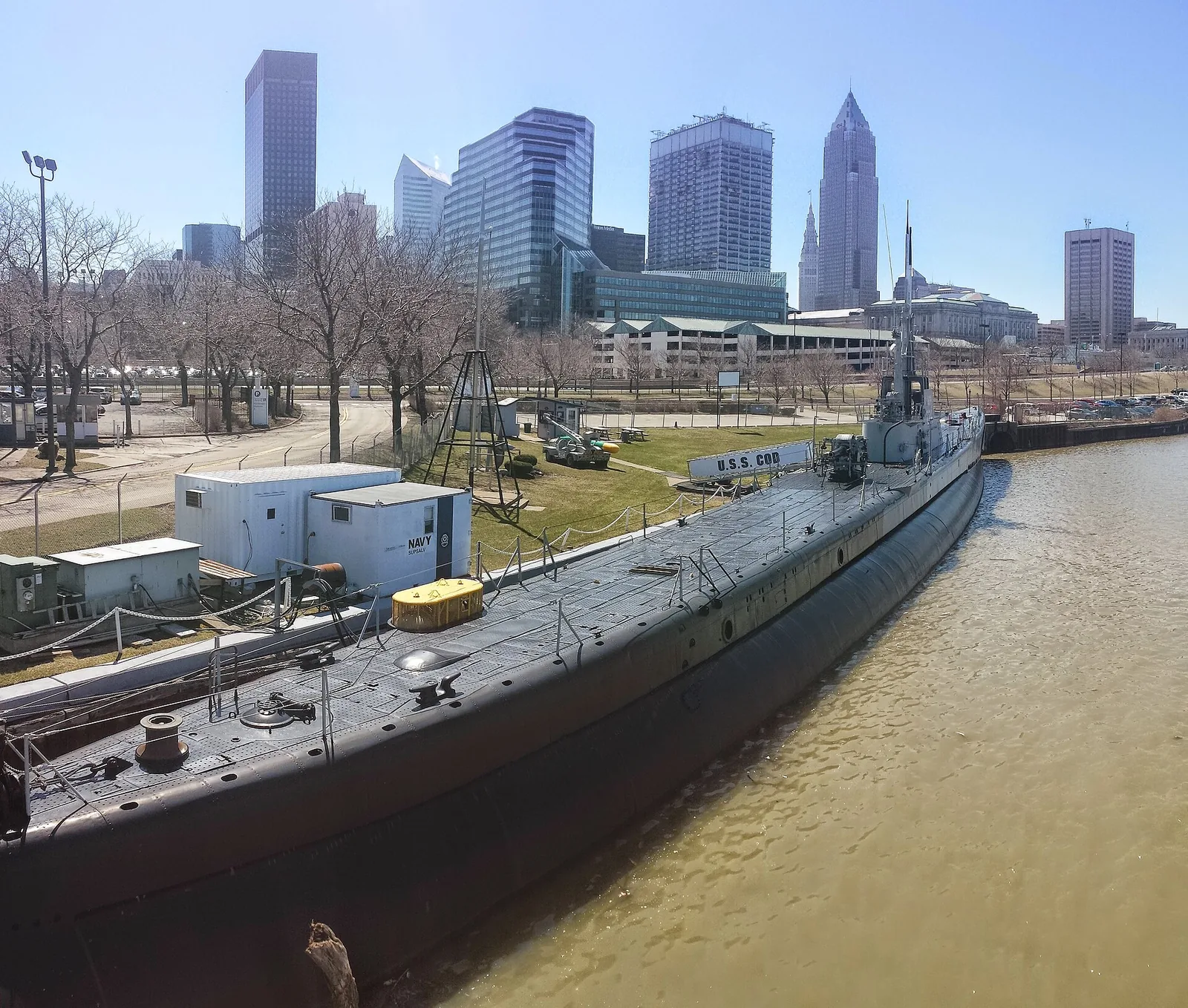 USS Cod (SS-224) moored at North Coast Harbor on the shores of Lake Erie in Cleveland, Ohio, USA.
