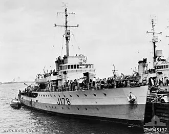 Photograph of Australian Bathurst class minesweeper/corvette HMAS Geraldton . In 1946 she was sold to Turkey and renamed Antalya. In 1963 her name was changed again to Ayvalik.