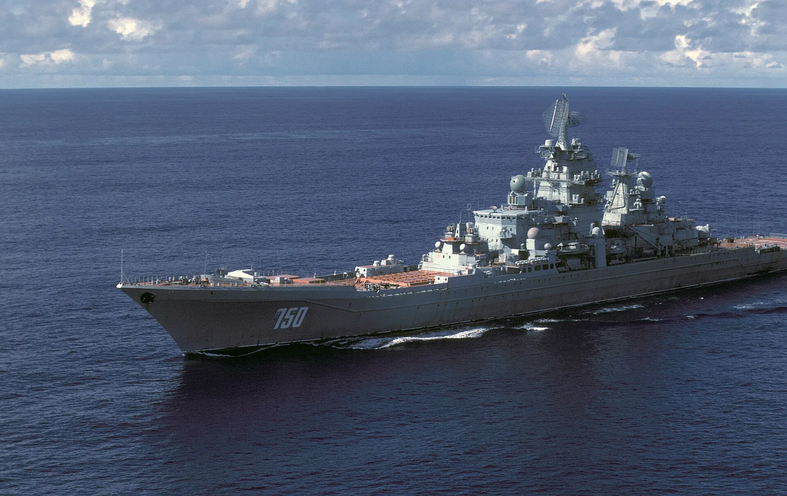 Aerial port bow view of the Soviet KIROV class nuclear-powered guided missile cruiser FRUNZE underway.