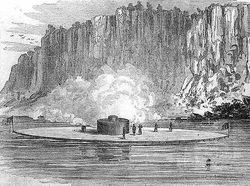 USS Passaic (1862-1899) Line engraving published in "Harper's Weekly", 1862, depicting Passaic "trying her large gun at the Palisades", during gunnery trials in the Hudson River on 15 November 1862.