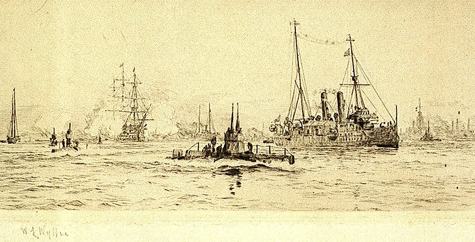 Portsmouth Harbour with HMS 'Bonaventure' and submarine 'D2' Signed by artist, lower left. 'Bonaventure' was an Astraea-class second-class protected cruiser launched in 1892.