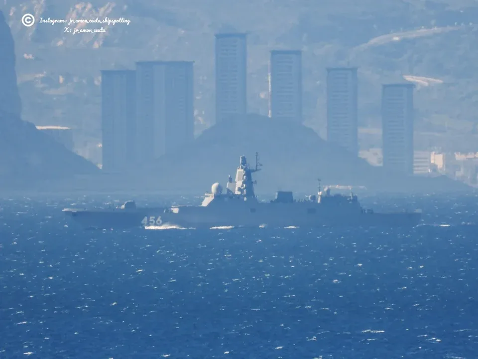 Russian Navy Project 22350 Admiral Gorshkov-class frigate RFS Admiral Golovko (456) westbound in the Strait of Gibraltar - April 18, 2025 #rfsadmiralgolovko. SRC: TW-@jr_amon_ceuta