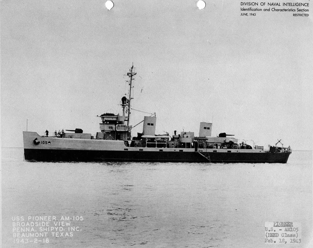 USS Pioneer (AM-105) on 18 February 1943, Pennsylvania Shipyards, Inc., Beaumont, TX U.S. Navy photo